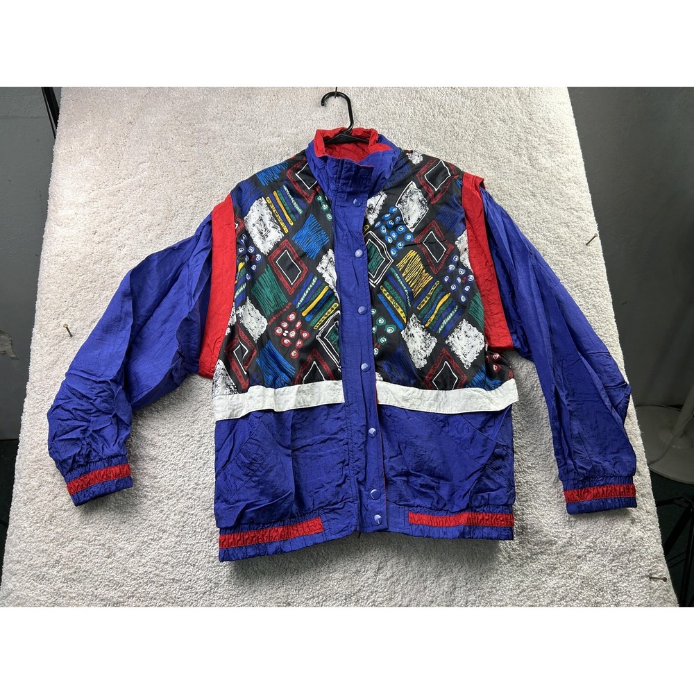Sunterra Geometric Abstract Windbreaker S Blue Red Vintage 90s Retro Streetwear